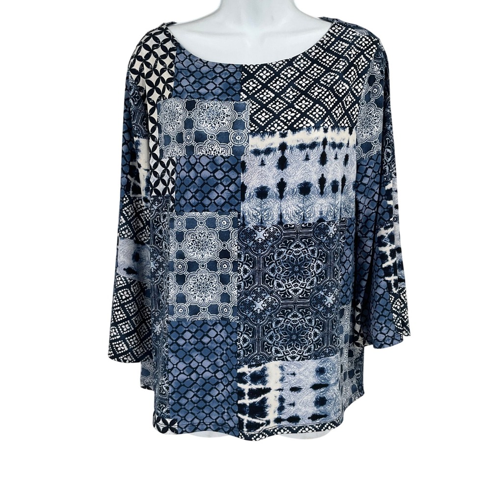Chico's Patchwork Top Women 2 Blue White Knit 3/4 Sleeve Boho Coastal Classic